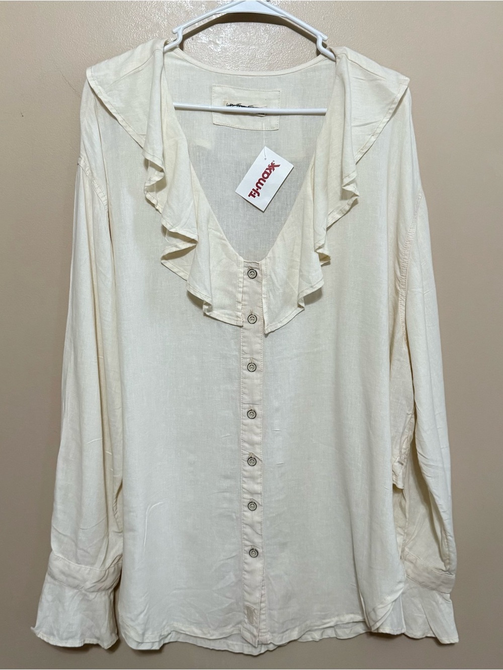 NWT Free People We The Free Linen-Blend Ruffle Collar Button-Down Blouse Sz L